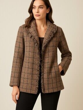Harve Benard Vintage brown knit over coat with fringe hem / l /xl